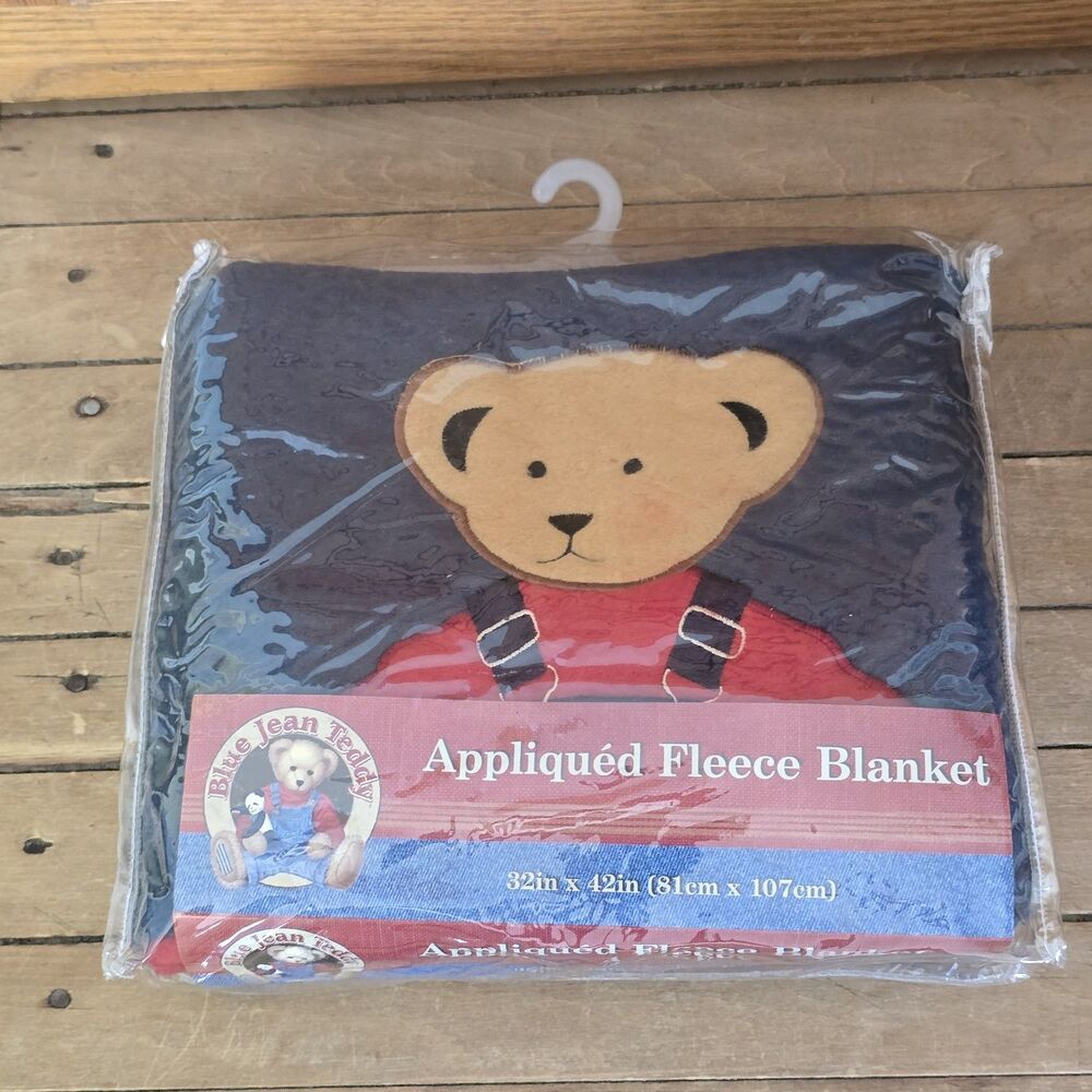 Blue Jean Teddy Bear Baby Appliqued Blanket Fleece Quilt Throw Floor Soft 32x42